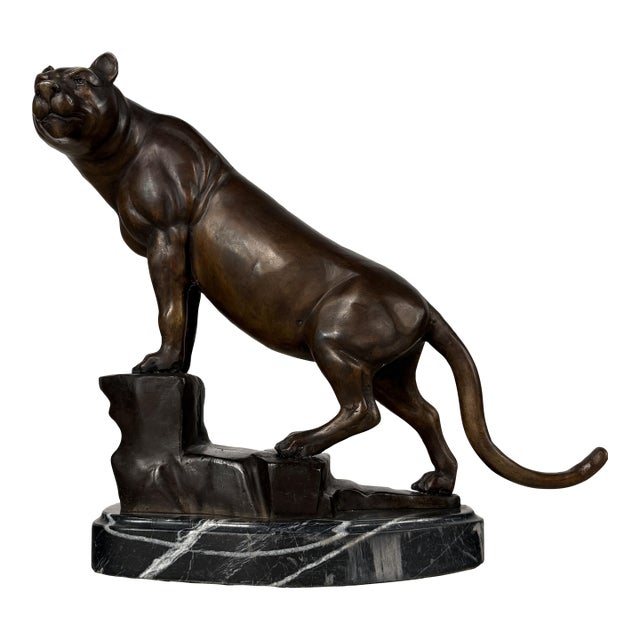 Bronze Mountain Lion (Puma) Sculpture on Marble – Big Cat Statue – 17” H For Sale