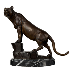 Bronze Mountain Lion (Puma) Sculpture on Marble – Big Cat Statue – 17” H