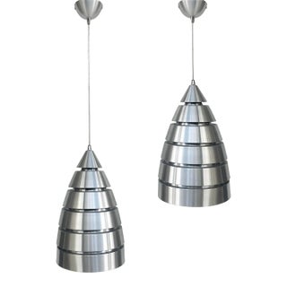 Late 20th Century French Brushed Aluminum Pendant Light Fixtures, Pair With Canopy, Standard Sockets For Sale