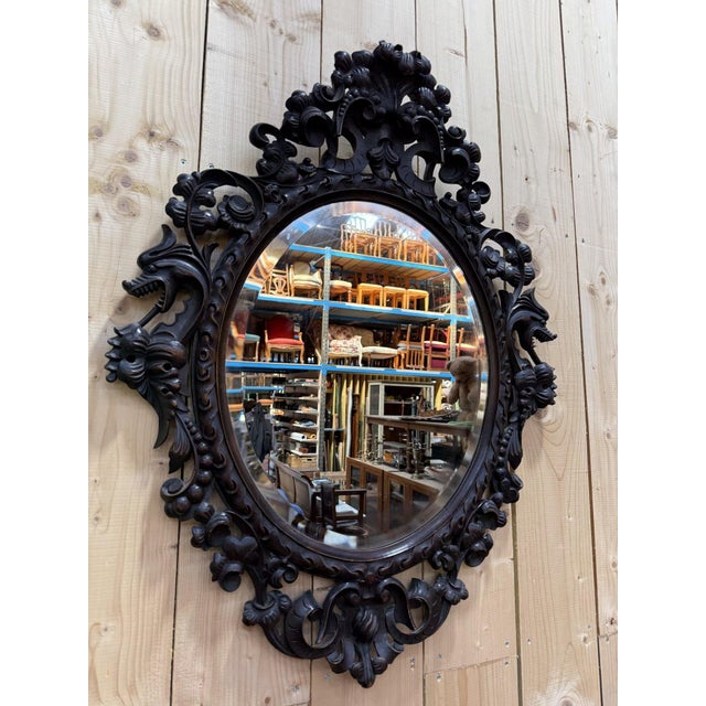 Oval Mirror in Carved Wood with Dragon Heads, 1890s For Sale - Image 9 of 9