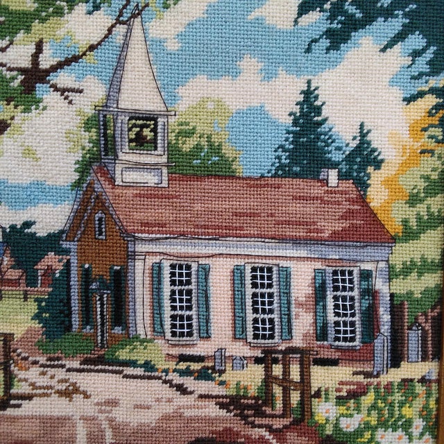 American 1970s Framed Needlepoint Country Scene Church With Steeple For Sale - Image 3 of 12
