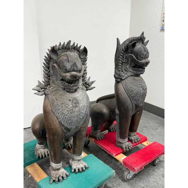 Vintage Singha Guardian Lion Sculptures, Set of Two For Sale - Image 4 of 12