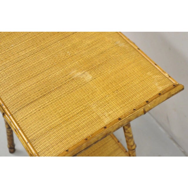 Wood Early 1900s Antique English Victorian Bamboo and Cane 2 Tier Plant Stand Side Table For Sale - Image 7 of 11