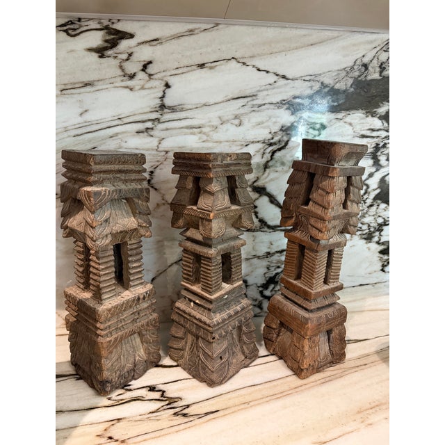 Set of three antique, had carved wooden pillars/stands, decorative object Deepam stand (stand to keep traditional...