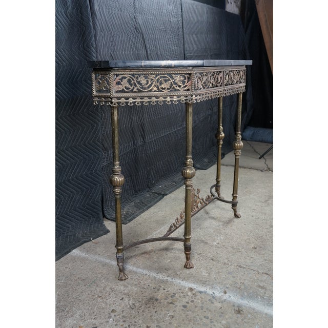 Bronze Mid 20th Century Attributed Oscar Bach Neoclassical Bronze Wrought Iron Marble Console Table 43" For Sale - Image 8 of 16