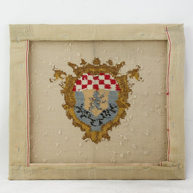 Vintage Heraldic Crest Needlework Crowned Shield and Lion Embroidery Wall Art For Sale - Image 4 of 5