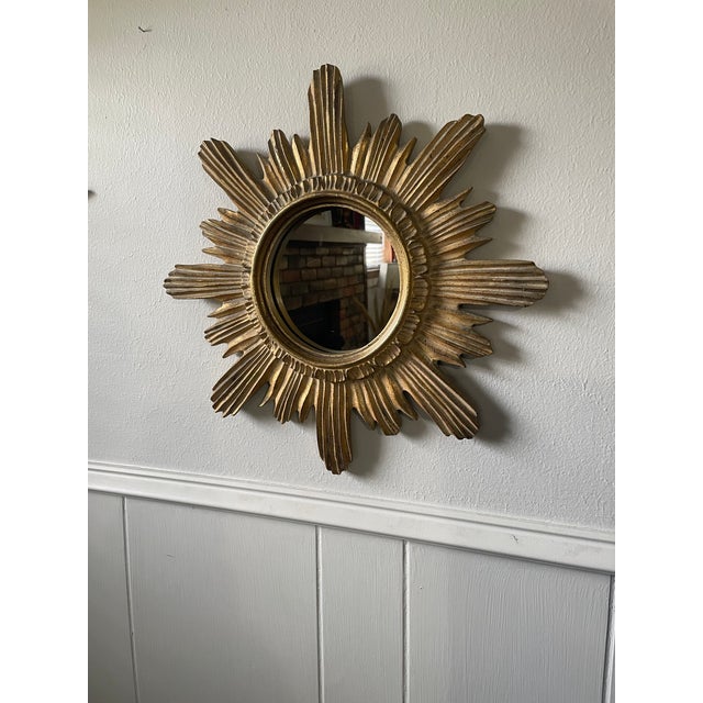 Vintage 16.5" Mid Century Creamy Giltwood Sunburst Wall Mirror For Sale - Image 15 of 16