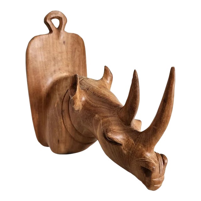 Vintage Hand Carved Teak Wood Rhinoceros Head Wall Plaque For Sale