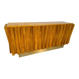 Geometric Wood Credenza With Brass Base, Italy 1980s For Sale