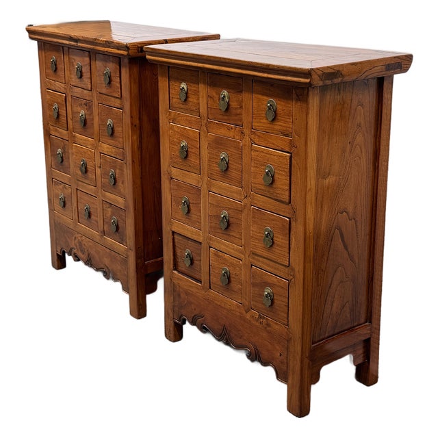 Chinese Vintage Wood Apothecary Nightstands, Pair For Sale