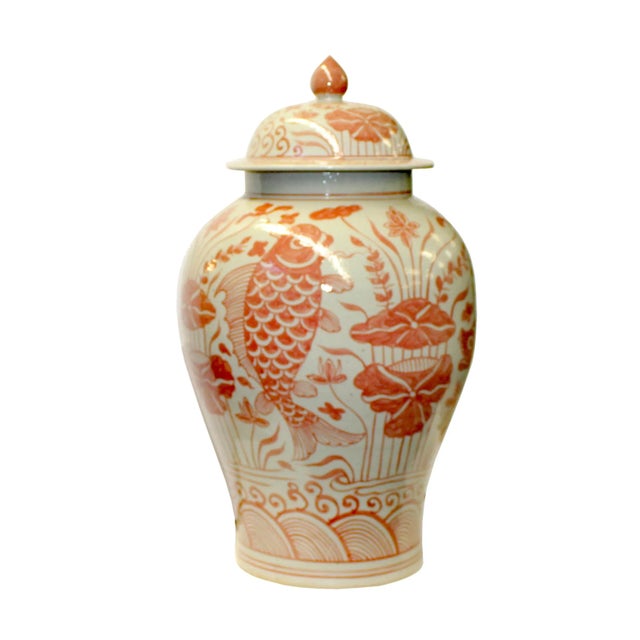 This is a handpainted Chinese off-white base porcelain jar with a lid. The surface has the theme of oriental flowers and...
