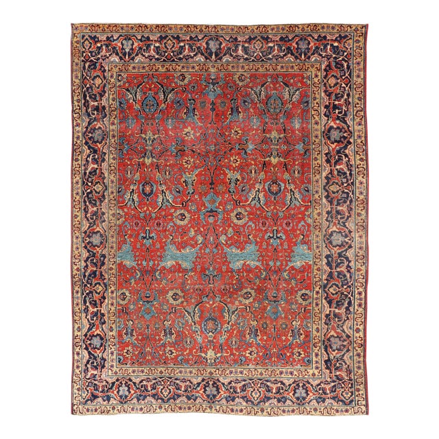 Antique Tabriz Rug With All Over Design in Rust Red, Blue's, Yellow, and L. Blue 9'7 X 13'3 For Sale