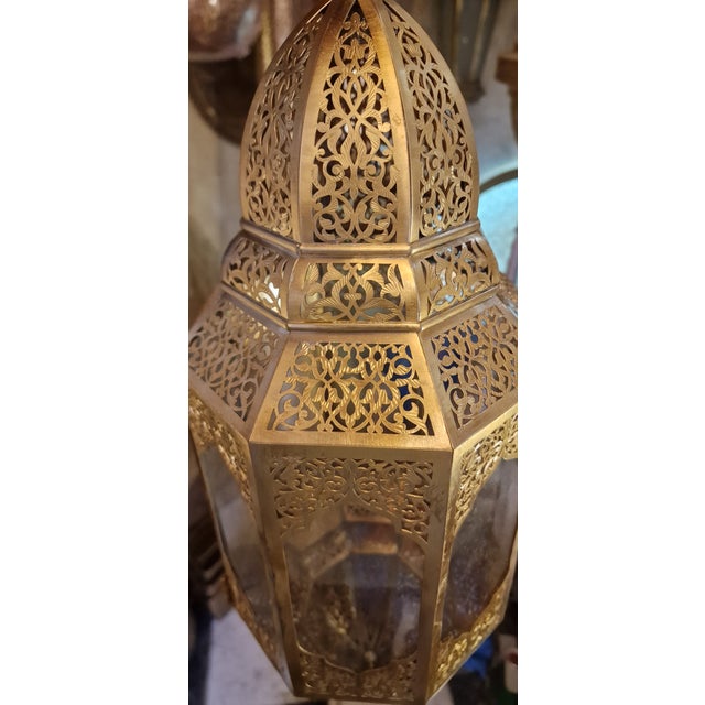 Large Handmade Moroccan Brass Lantern – Marrakech Hanging Pendant Light – Vintage Islamic Chandelier – Boho Home Decor For Sale - Image 4 of 8