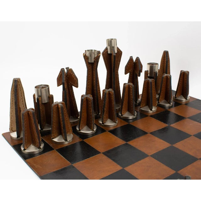 Mid-Century Modern Jacques Adnet Hand-Stitched Black and Cognac Leather Chess Board and Set - 33 Pieces For Sale - Image 3 of 12