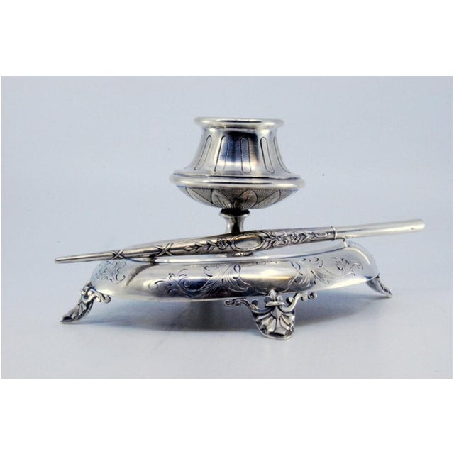 Silver Inkwell with Chiseled Base, Support Feet and Pen, Set of 2 For Sale - Image 5 of 10