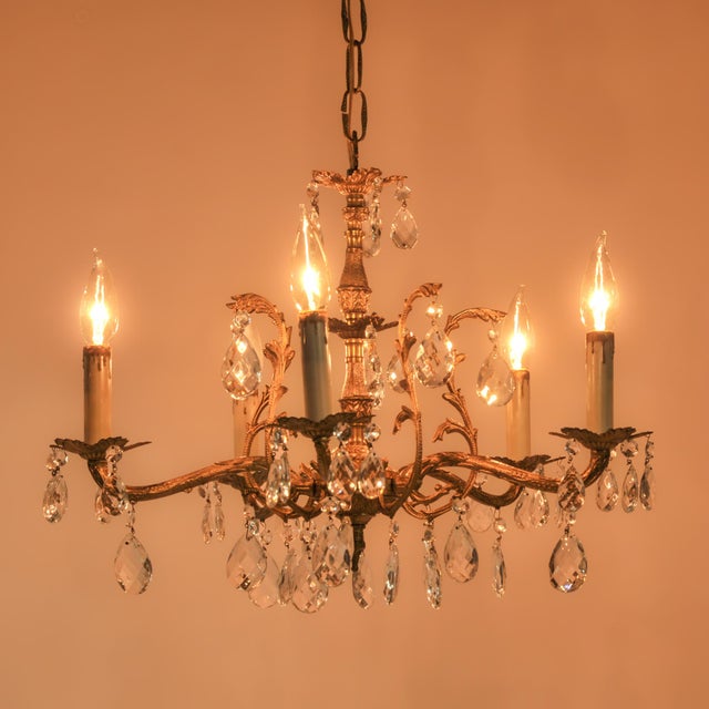 Brass Vintage Brass and Crystal Chandelier Petite 5 Arm Made in Spain For Sale - Image 8 of 13