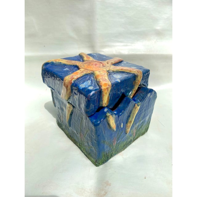 Hand Built Sculptural Blue Glazed Ceramic Box with Fitted Lid Offered for sale is a handmade blue glazed ceramic box that...