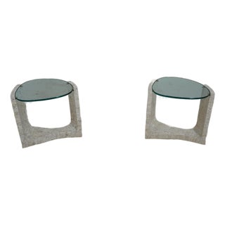 Pair Maitland Smith Modern Design Marble & Glass End Tables For Sale
