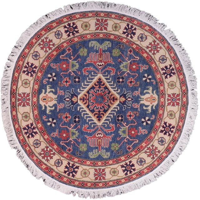 Southwestern Kazak Smoot Blue/Ivory Wool Round Rug- 4'10''x4'10'' For Sale - Image 9 of 9