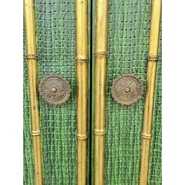 Vintage Customized Painted Green Faux Croc Faux Bamboo Iron Dry Bar Storage Cabinet by Lane For Sale - Image 14 of 18