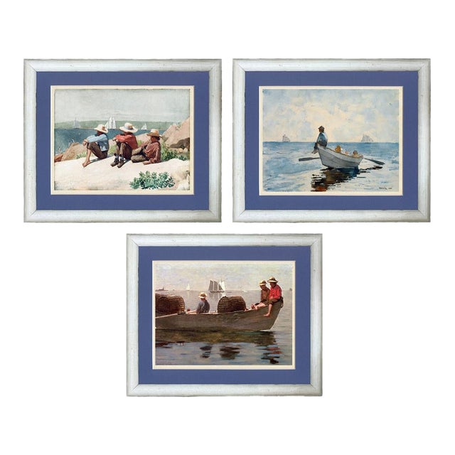 Winslow Homer Coastal Print Triptych, Distressed White Frame For Sale