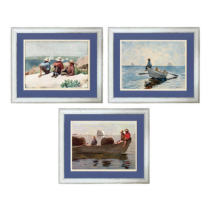 Winslow Homer Coastal Print Triptych, Distressed White Frame