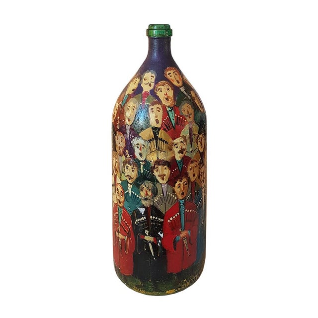 Large Hand-Painted Georgian Cossack Choir Folk Art Bottle on Soviet Glass Base, 2005 For Sale - Image 4 of 9