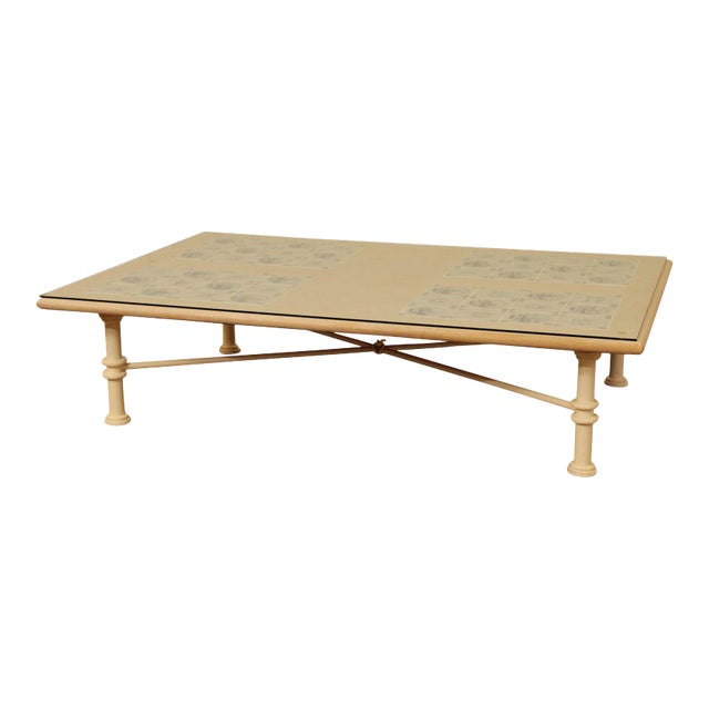 Custom Crafted Iron Base Coffee Table Cerused Oak Delft Tile Top For Sale
