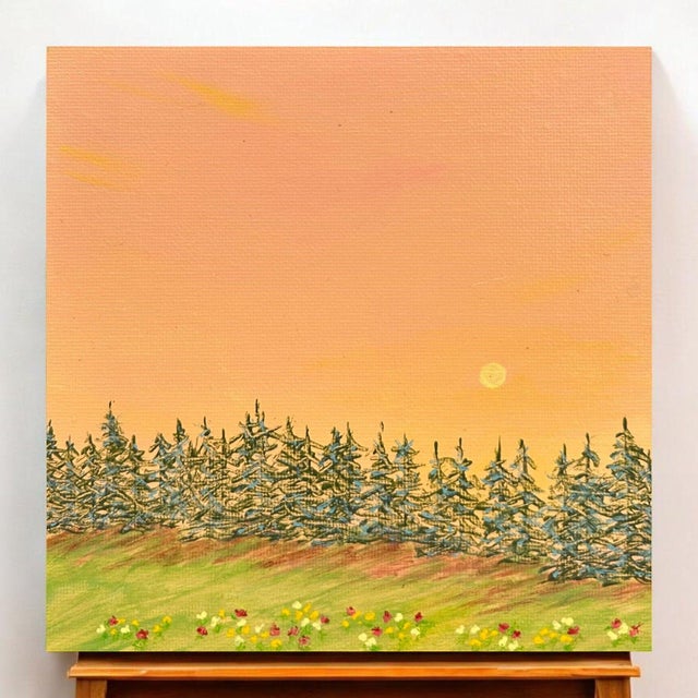 Bring warmth and tranquility to your space with this hand-painted acrylic masterpiece. The serene sunset, detailed pine...