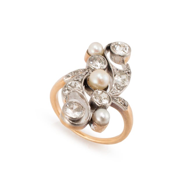 Gender: Ladies Metal Type: 14K Yellow Gold & Platinum Ring Size: 6.25 Width: 27.45 mm Weight: 6.40 grams Antique Ladies...