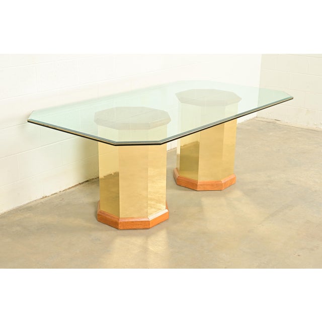 Thomasville Thomasville Modern Art Deco Brass and Glass Double Pedestal Dining Table, Circa 1980s For Sale - Image 4 of 11
