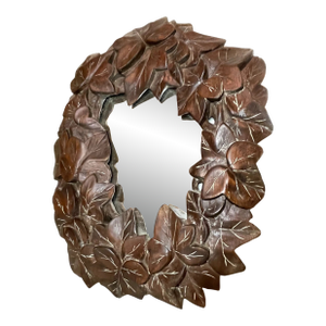 Antique Hand Carved Folk Art Wood Leaf & Vine Wall Mirror Sculpture Art Carving