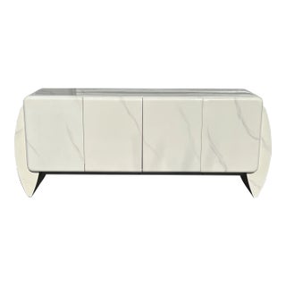 1980 Karl Springer White Faux Marble Lacquer Credenza For Sale