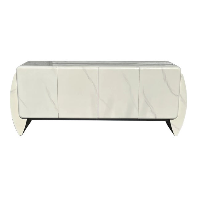 1980 Karl Springer White Faux Marble Lacquer Credenza For Sale