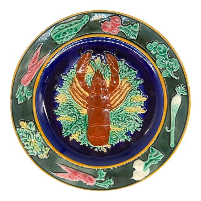 A Wedgwood Majolica Red Lobster Plate on Cobalt Ground, English, Dated 1882 For Sale