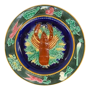 A Wedgwood Majolica Red Lobster Plate on Cobalt Ground, English, Dated 1882