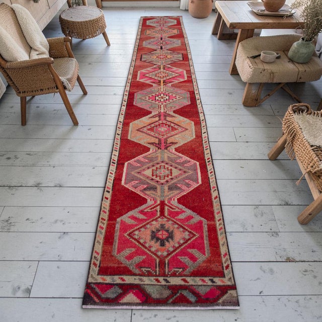 Farmhouse 1950s Pink Turkish Hand-Knotted Runner Rug, Extra Long Narrow Hallway Decor 2x14 Ft Approx For Sale - Image 3 of 17