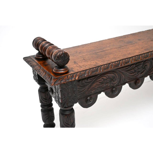 Brown Antique Victorian Carved Oak Bench, 1870s For Sale - Image 8 of 12