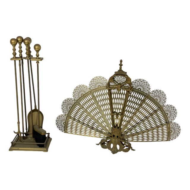 Fireplace Spark Guard Set with Peacock Tail and Tools, 1970s, Set of 6 For Sale