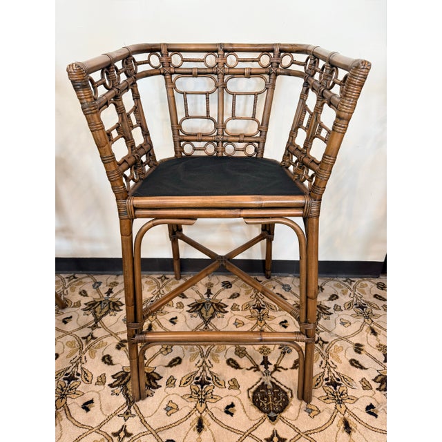 Chinoiserie Set of 4 Vintage Bamboo Rattan Bar Stools For Sale - Image 3 of 7