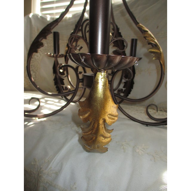 Toleware French Country 5 Arm Chandelier Bronze With Gold Leaves & Crystal Prisms For Sale - Image 4 of 17