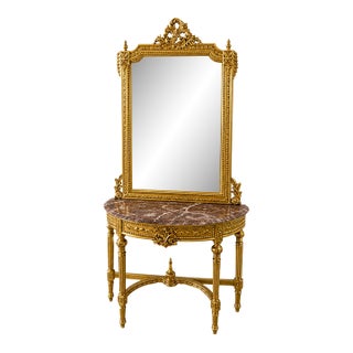 Luxury French Louis XV Console Table & Mirror Set – Ornate Gold Leaf Entryway Furniture With Marble Top For Sale