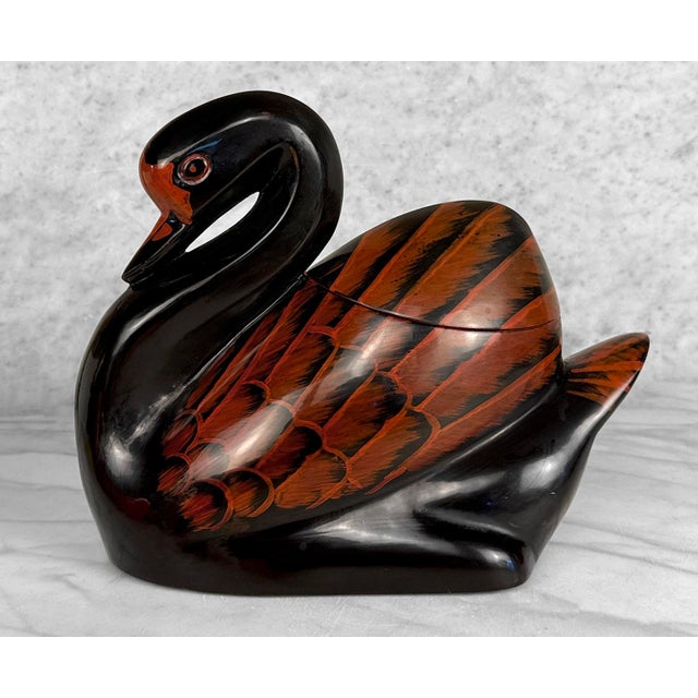 Vintage Chinese Black & Red Lacquer Swan Storage Box Jar For Sale - Image 4 of 11
