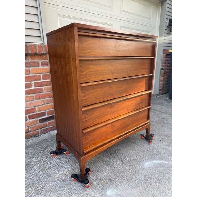 Clean lines on this refinished lane rhythm highboy dresser or chest of drawers. Beautiful inlaid design on the top! From a...