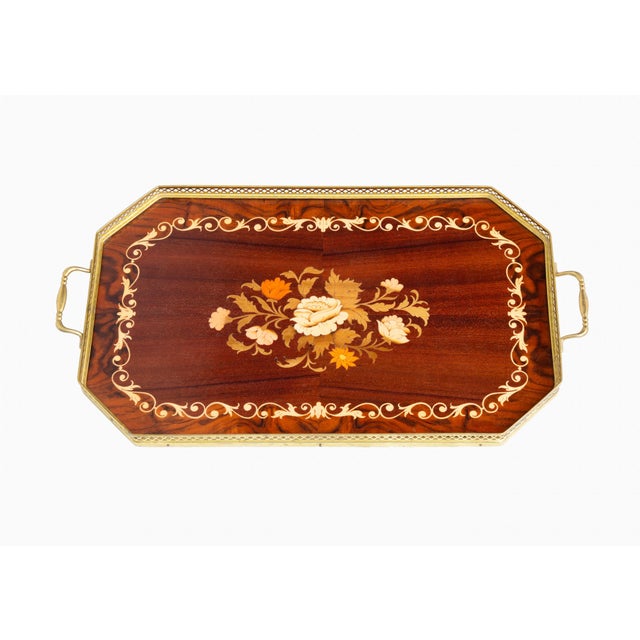 Italian Mid-Century Marquetry Bar Cart or Tea Cart. Featuring intricate Sorrento-Style Marquetry, turned wood spindles, a...