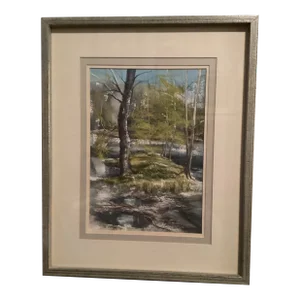 Original Watercolor Landscape Forest Painting, Vintage, 1960’s Spring Scene Titled, ”April Returns” by Robert “Bob” Hazlett, Framed