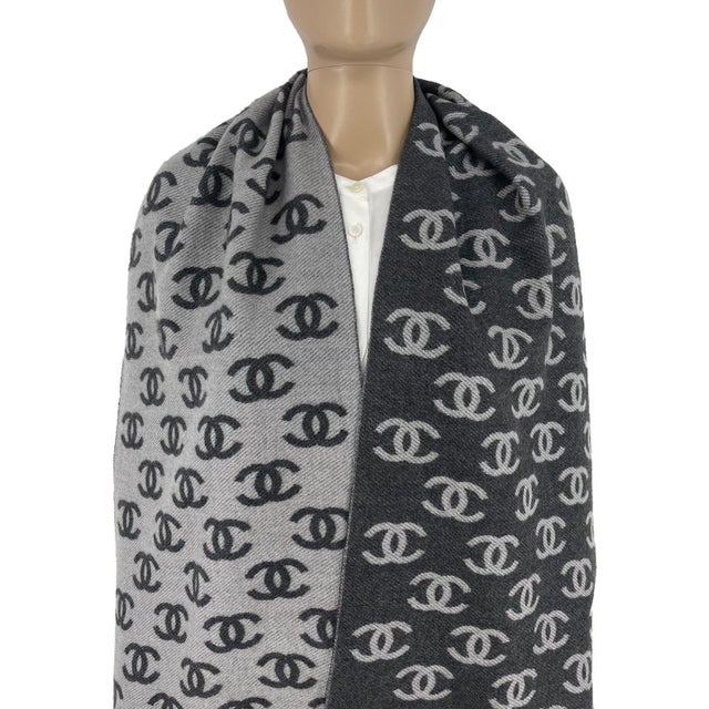 French Chanel Grey Printed 65% Cashmere 35% Silk Scarf For Sale - Image 3 of 9