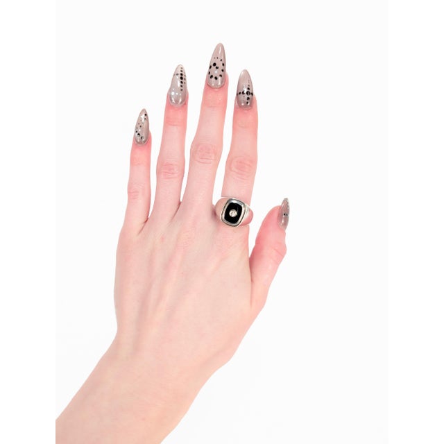 Mid 20th Century Large Vintage Sterling Silver, Onyx Cabochon, & Diamond Men's Signet Style Ring For Sale - Image 5 of 15