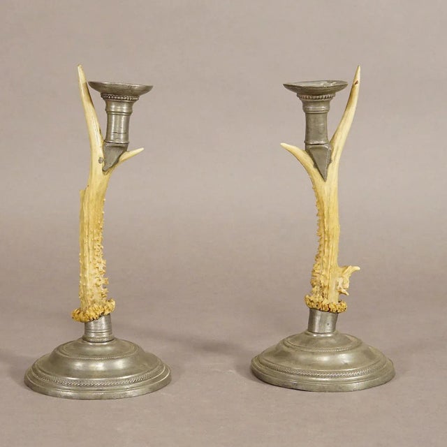 A Pair Black Forest Candle Holders With Pewter Base and Spout, Germany Ca. 1860s For Sale - Image 6 of 8