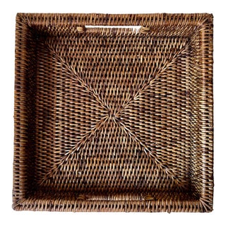 Woven Brown Rattan Tray-Inset Handles-Artifacts For Sale